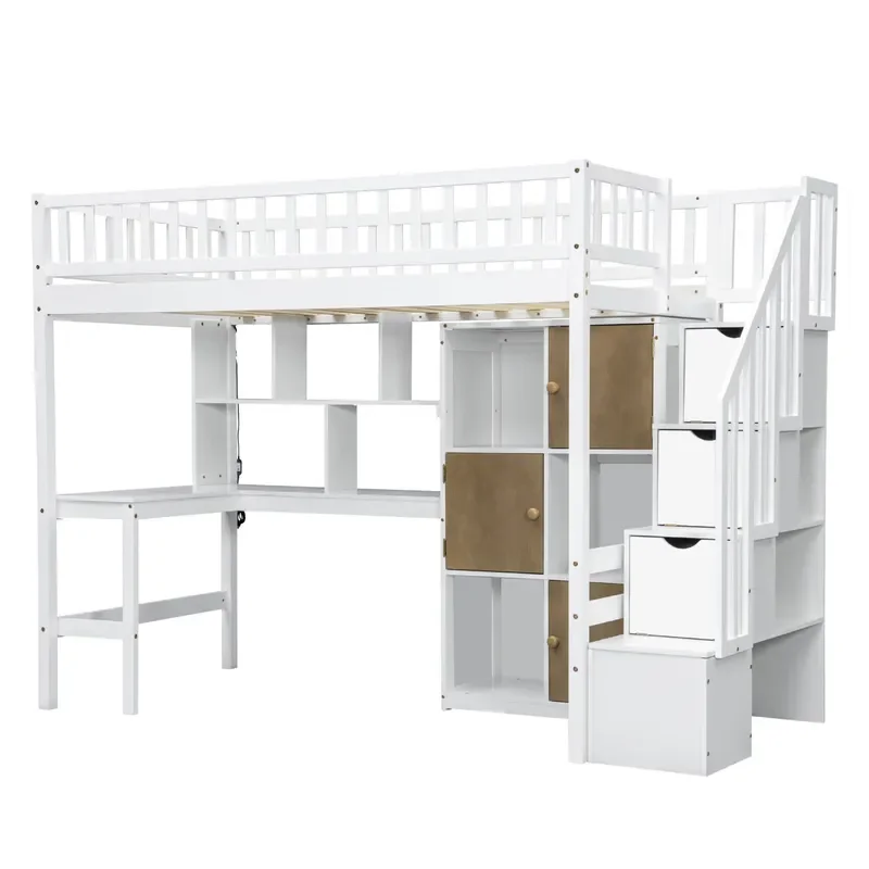 White Solid Wood Loft Bed with Desk Staircase Storage Kids Bunk Bed Space Saving Furniture for Bedroom