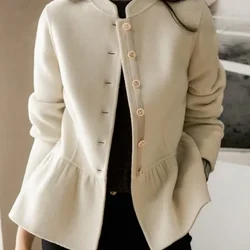 Blends Coat Autumn Women Thick 2025 Fall Winter Wool Jacket Vintage Long Outwear Three Quarter Sleeve Elegant Mujer Windbreaker
