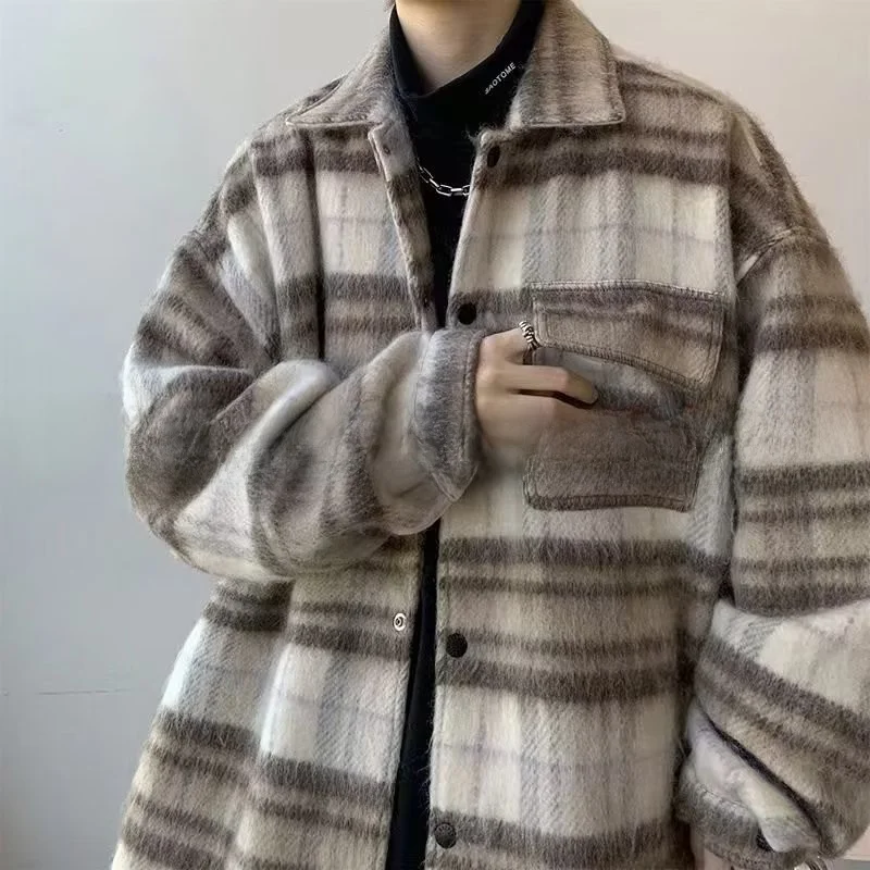 

plus Size Men's Plaid Woolen irt Cardigan Spring Autumn Winter American Sle Fat Jaet Outerwear Breathable Long Sve