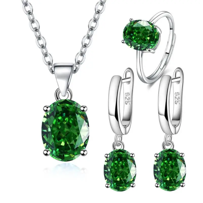 Oval Cut Green Simulated Nano Emerald 925 Sterling Silver Jewelry Set Necklace+Earring+Ring for Women Fashion Gemstone Jewelry