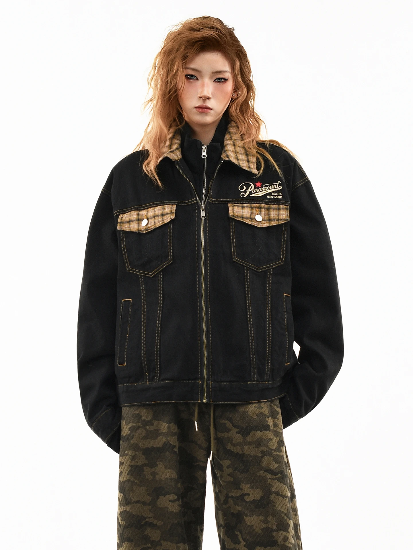 

OV Original American Retro Plaid Waed Denim Jaet Women's Loose ort Motorcycle Collar Outerwear Casual Spring Cotton Pol...