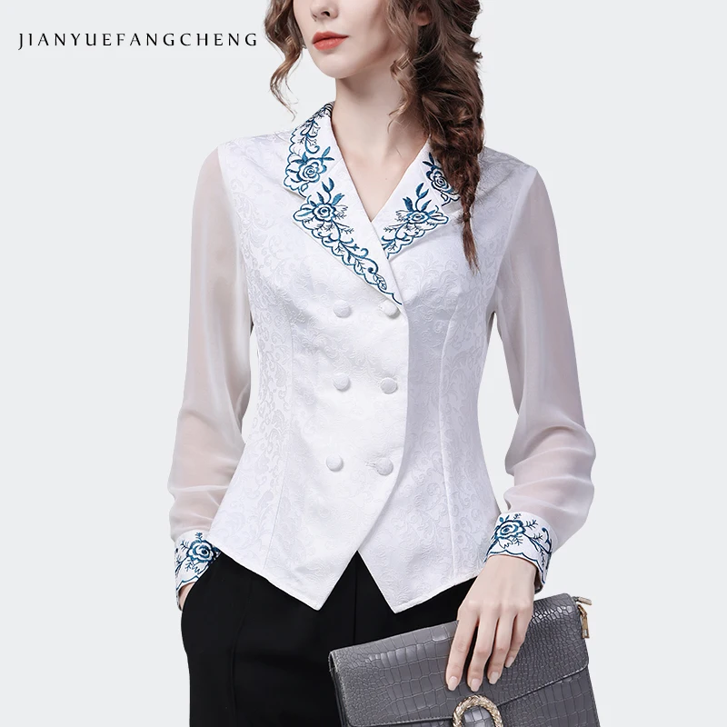 Elegant Suit Collar Women Long Sleeve Satin Embroidered Shirt With Chiffon Sleeves Retro Casual Spring Summer Tops And Blouses