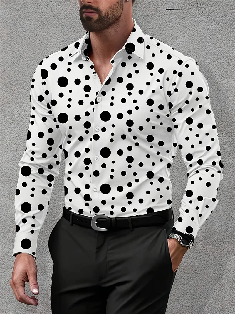 

Fashion men's polka dot men's shirt button lapel summer Hawaiian shirt street vacation long sleeved shirt
