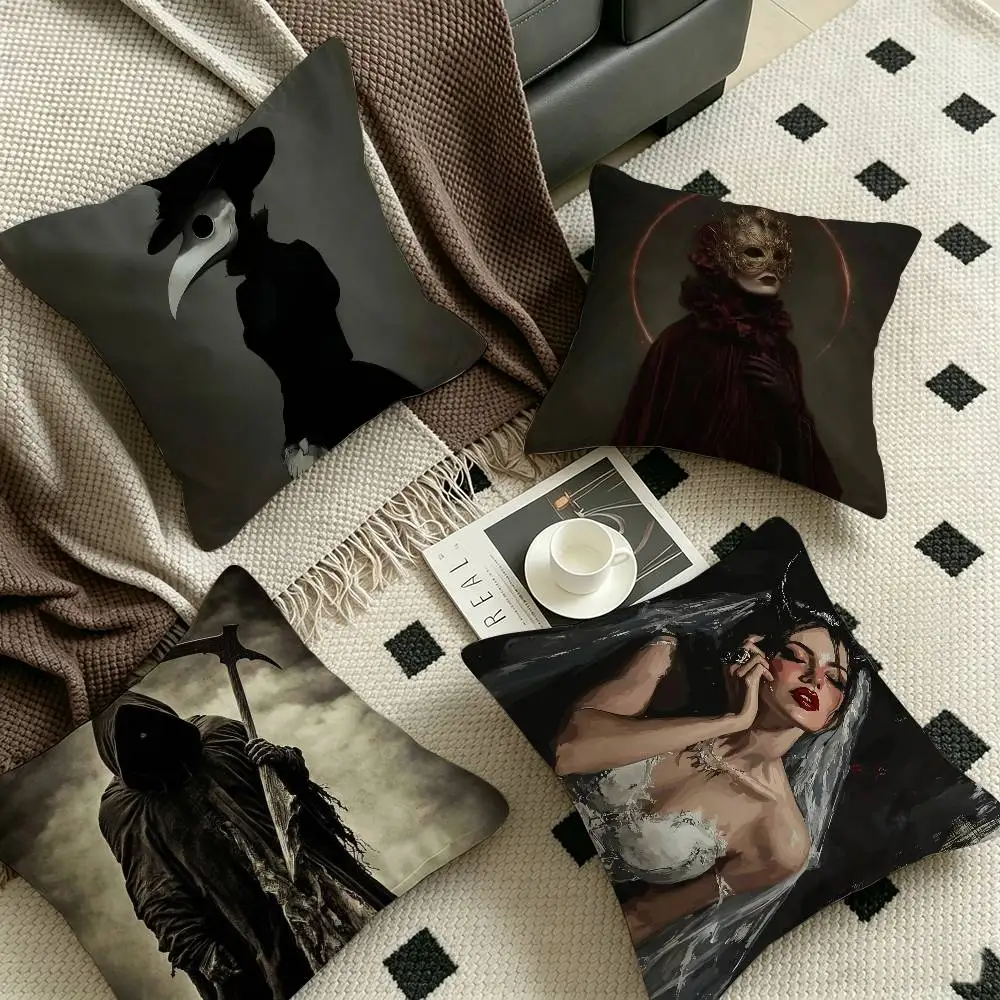 Dark Terror Retro Victorian Style Death Reaper Crow Vampire Ghost Pillow Pillow Sofa Bed Head Pillow Cushion Cover 45x45 cm