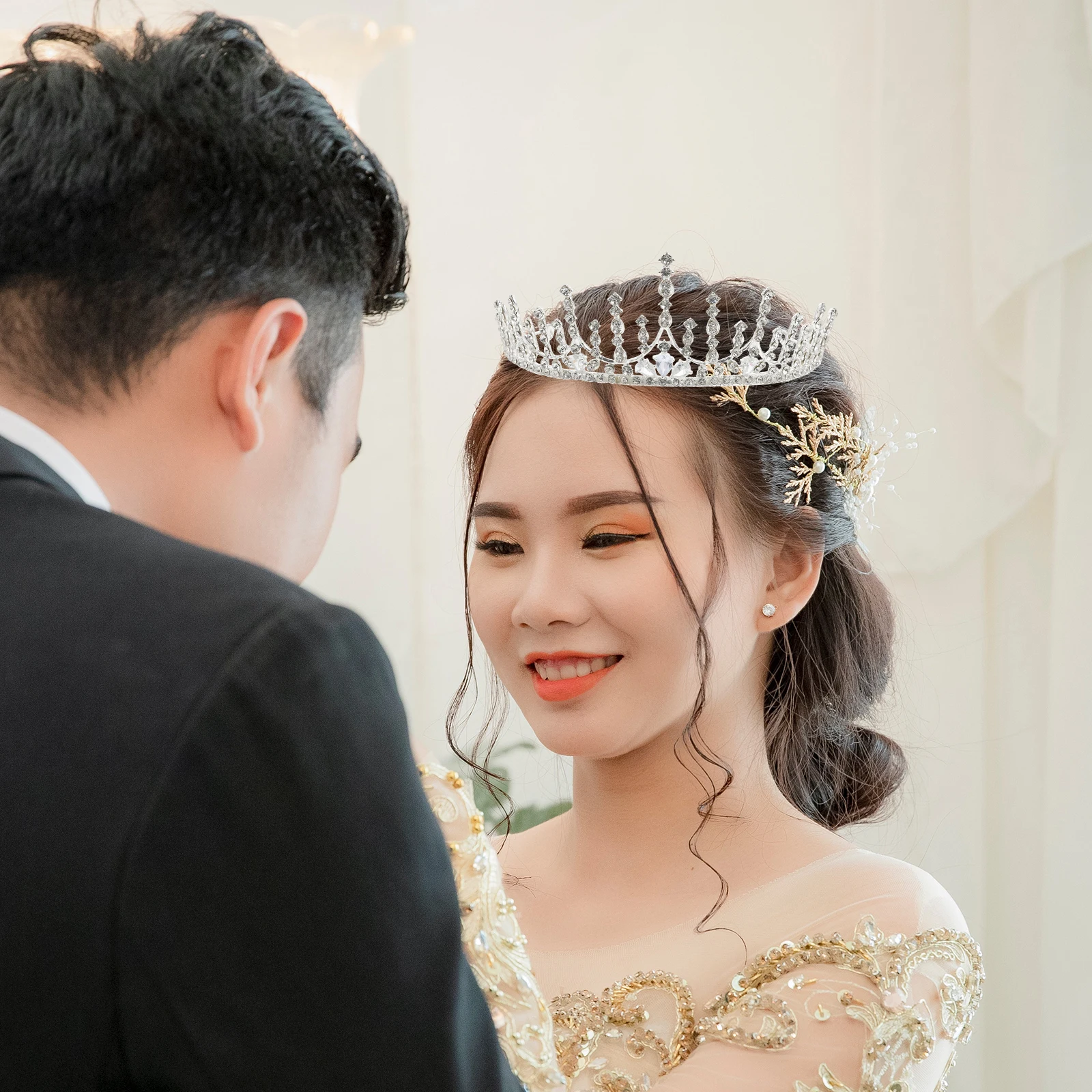 

Bridal Tiara Crown Rhinestone Decor Exquisite Baroque Style Silver Wedding Girl Prop Durable Practical Elegant