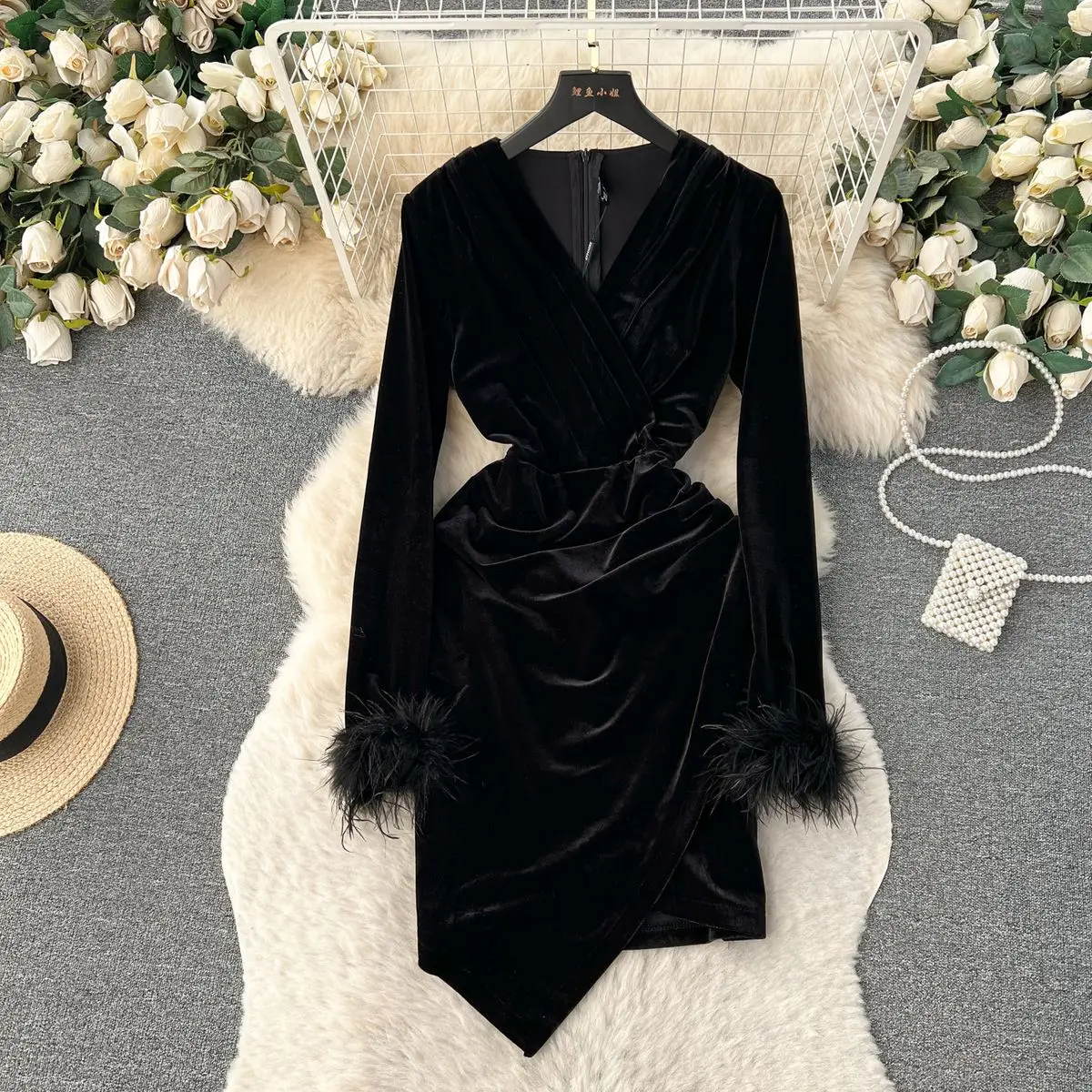 JAMERARY Luxury Banquet Velvet Dress Women\'s Sexy Wrap Robe Feathers Long Sleeve Sheath Bodycon Autumn Winter Vestidos