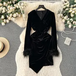 JAMERARY Luxury Banquet Velvet Dress Women's Sexy Wrap Robe Feathers Long Sleeve Sheath Bodycon Autumn Winter Vestidos