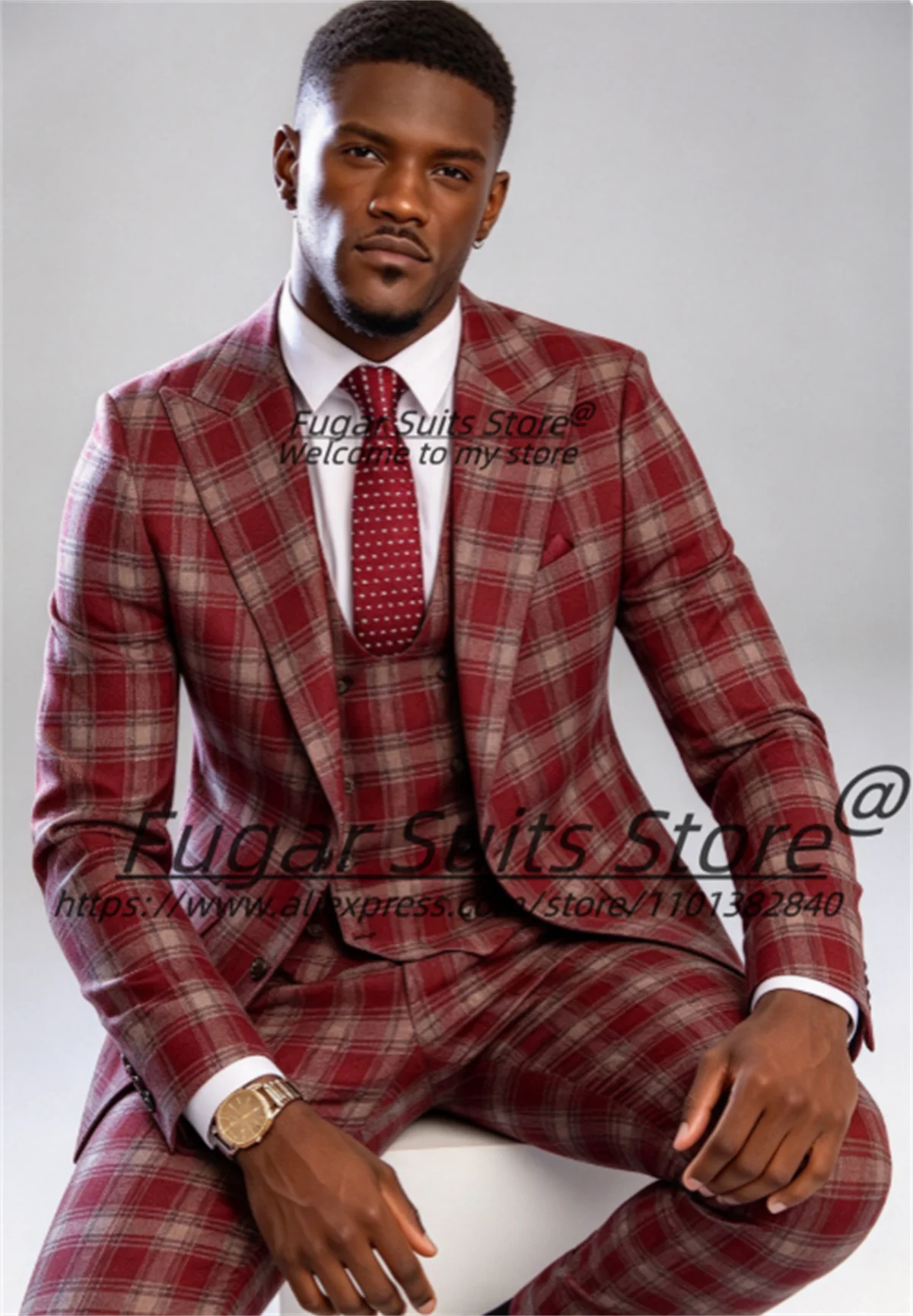 French style High-end Plaid Men Suits Customized Slim Fit Peak Lapel Groom Wedding Tuxedos 3 Pieces Sets Male Prom Blazers