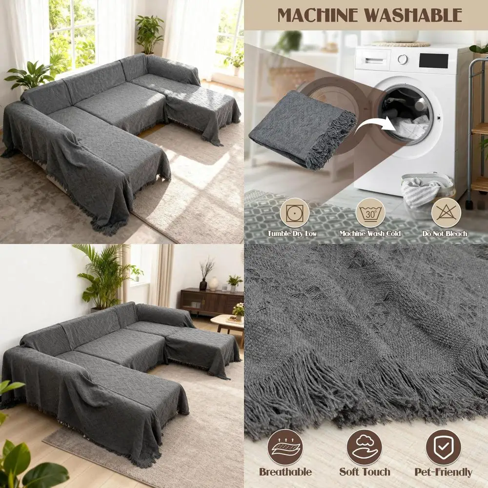 

3-Piece U-Shaped Sectional Sofa Cover, Washable Couch Blanket Protector for Pets, Dark Gray (110x63 + 90x71)