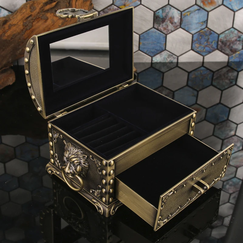 Treasure box jewelry storage box large lock ring jewelry earring box with mirror desktop decoration ornament gift