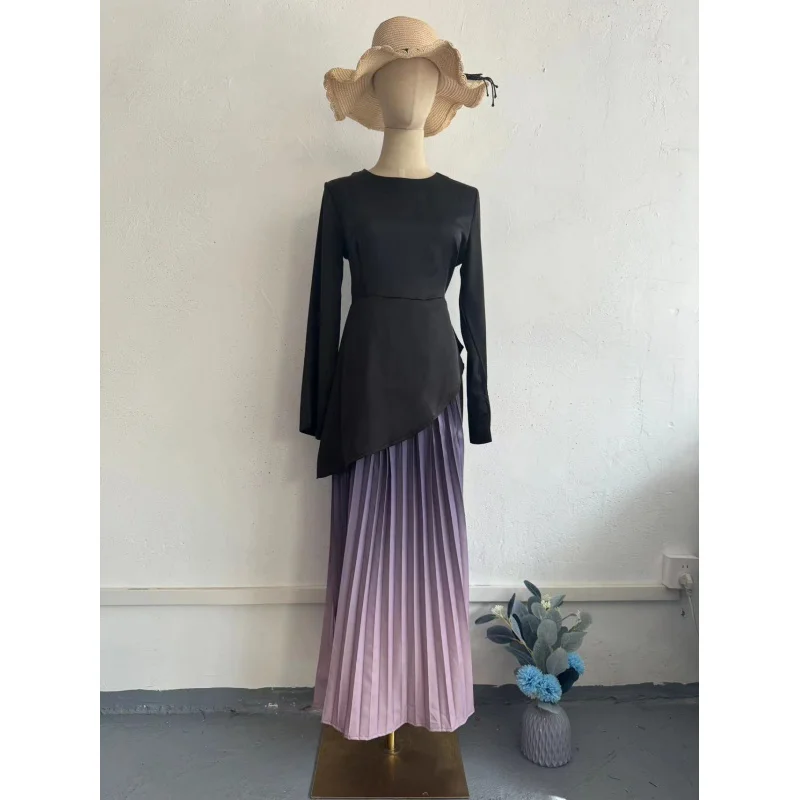 Autumn New Socialite Style Tie-Dye Slim Gradient Pleated Long Dress for Women