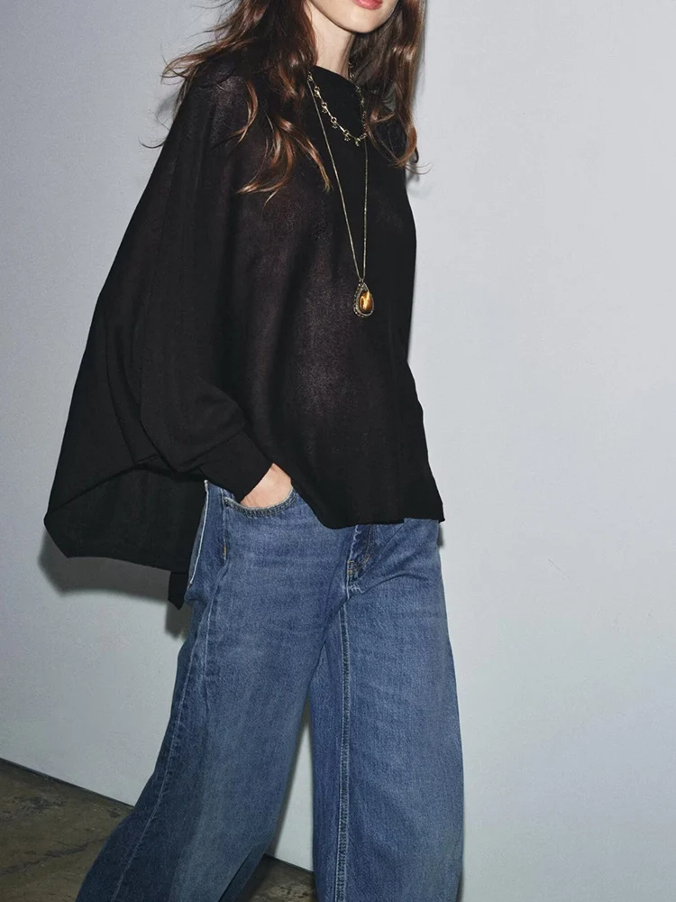 

European and American style autumn new fashion simple women's clothing wide sleeves one-shoulder plain knitted pullover top