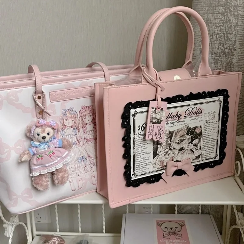 Lolita Pink Bow Lace Sweet Big Capacity Shoulder Handbags Fashion Tote Underarm Bag Bolsa Bags