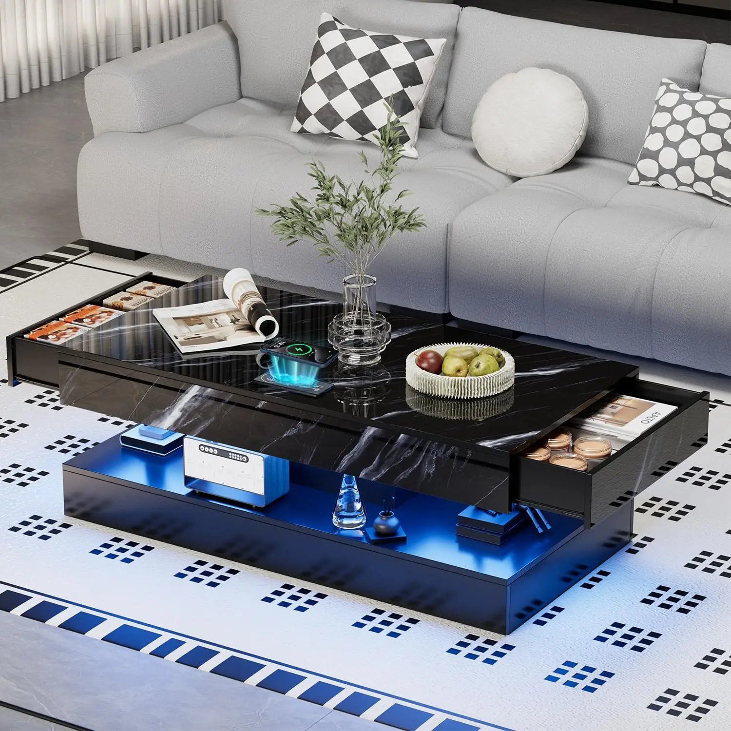 

47.2" Large High Glossy LED Coffee Table With 2 Sliding Drawers, Smart Living Room Table With Wireless Charging & Bluetooth Spea