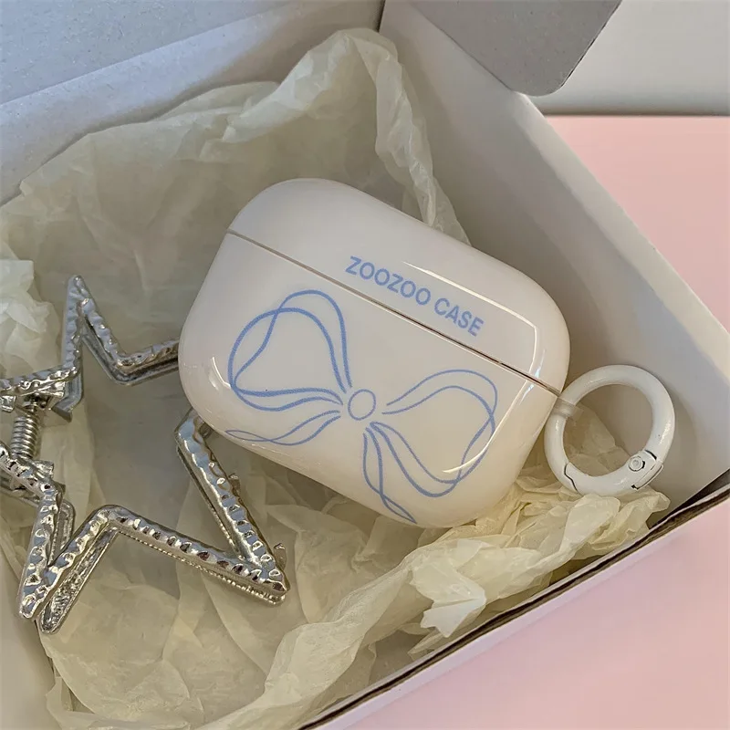 

Cute Blue Bowknot Earphone Cases for Airpods 4 3 2 1 Bluetooth Headphone Cover for Airpods Pro Pro2 Charging Case