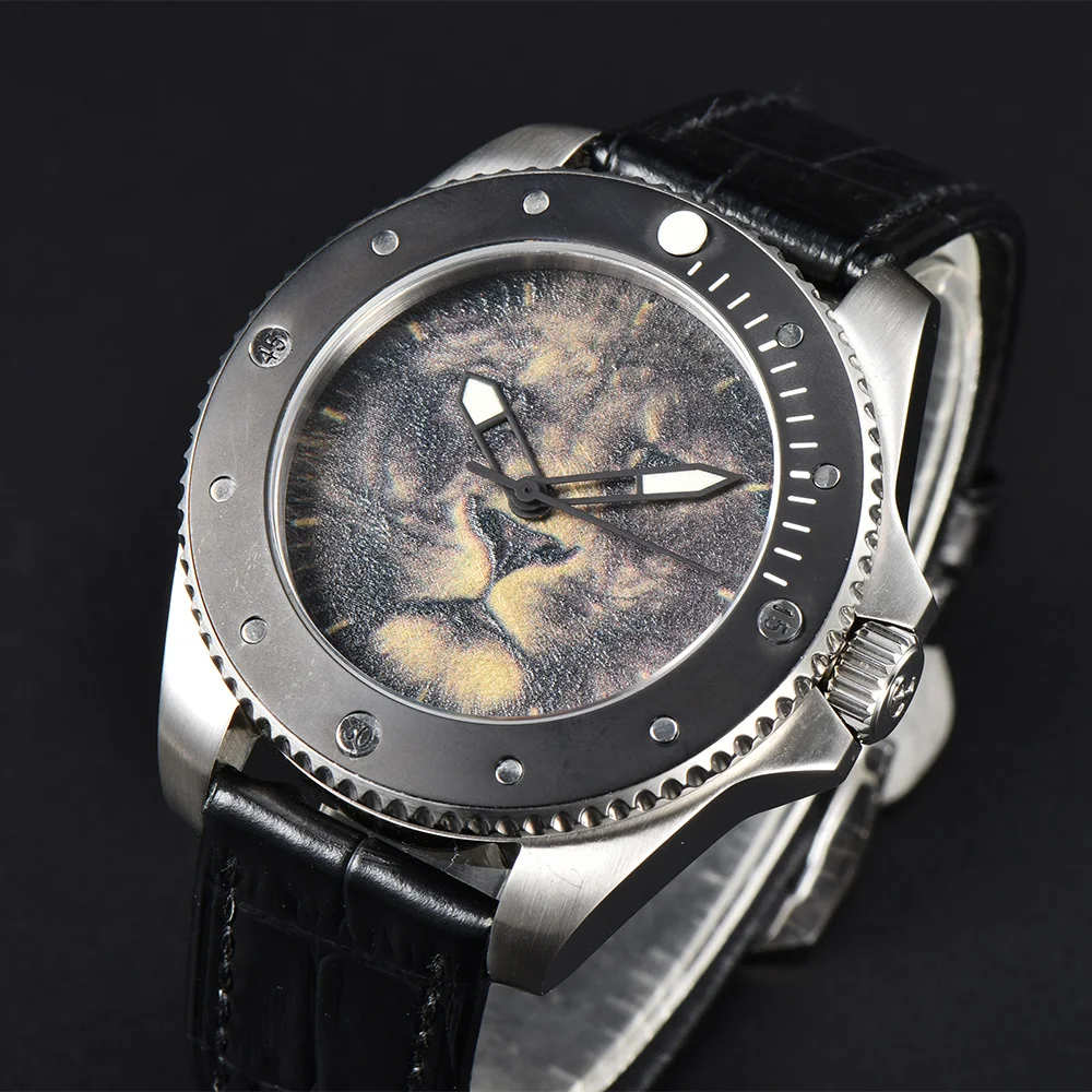 Parnis 43mm Sapphire jam tangan pria otomatis safir kustom Dial gambar Bezel keramik