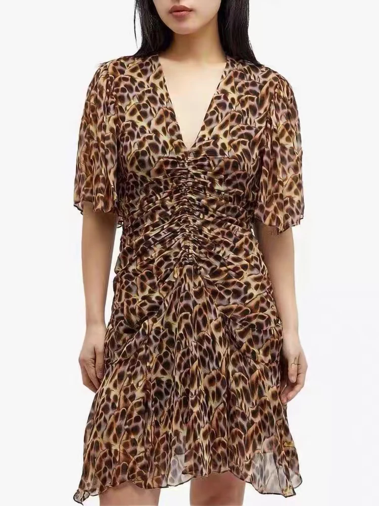 

Summer New Fashion Leopard Print Pleated Mini Dress Women Elegant Sexy V-Neck Drawstring Flare Sleeve Short Robe Ladies 2024