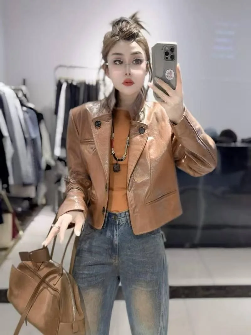 

Spring New Sle Women's Genuine Leather Motorcycle Jaet ort Loose Slimming Casual Versatile Top eepskin Coat