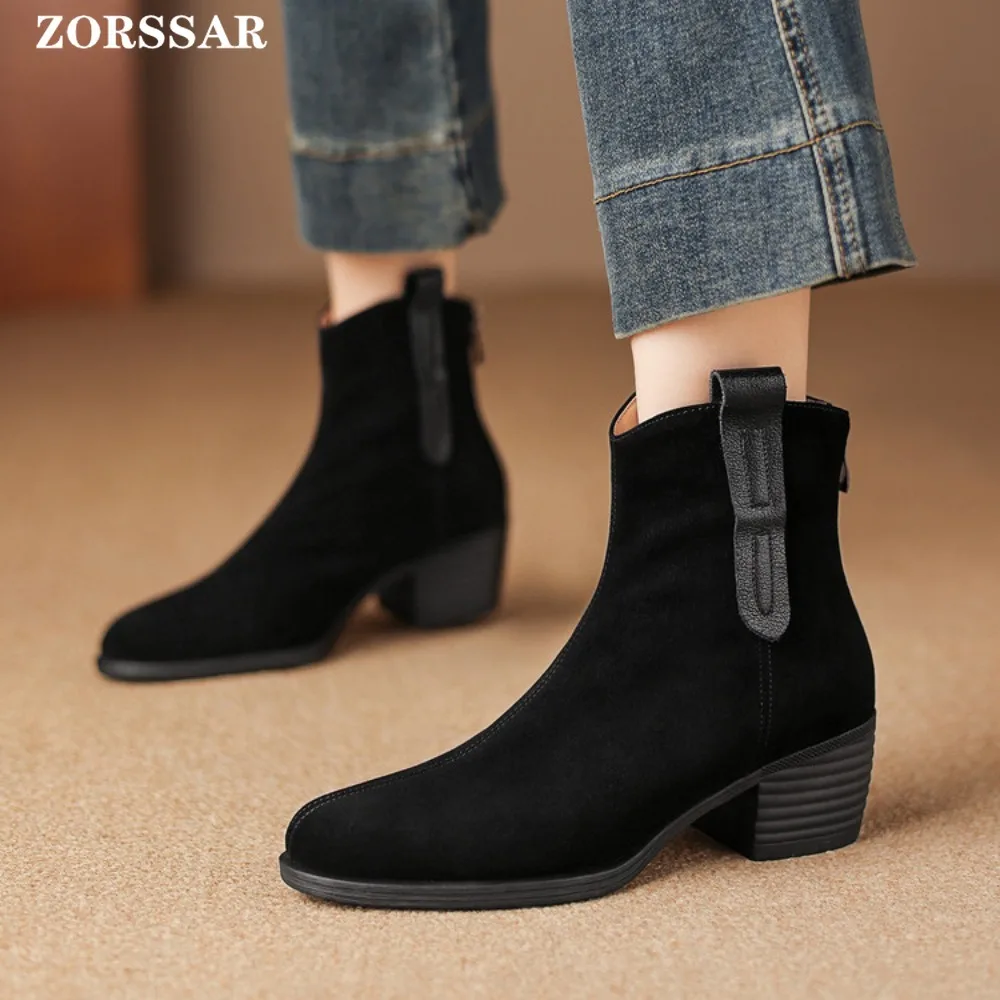 2025 New Autumn/Winter Women's Short Boots Genuine Leather Square High Heels Shoes Female Suede Concise Women Ankle Boots