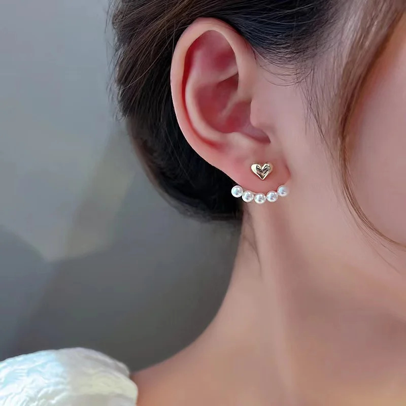 2022 New Elegant Metal Heart-Shaped Back Hanging Pearl Earrings Korean Fashion Jewelry For Woman Girls Accessories Wholesale image 3