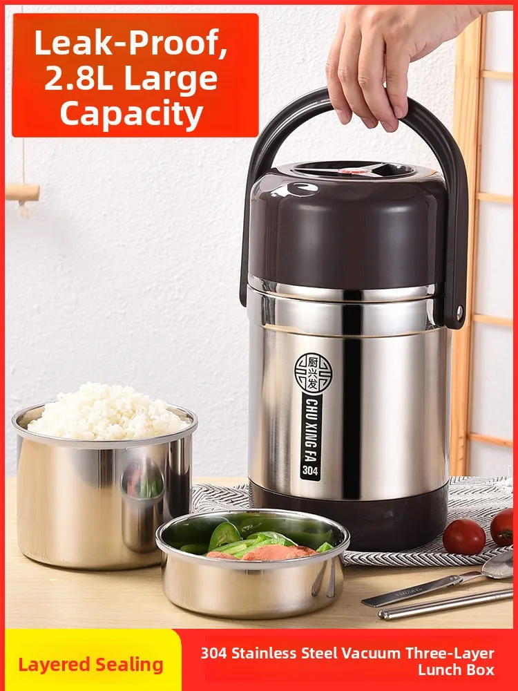 

Large Capaci Tee-Layer Vacuum Insulated Lunch Box 2-Hour Thermal Rice Buet Adult Bento Box 304 Stainl Steel Food Co...
