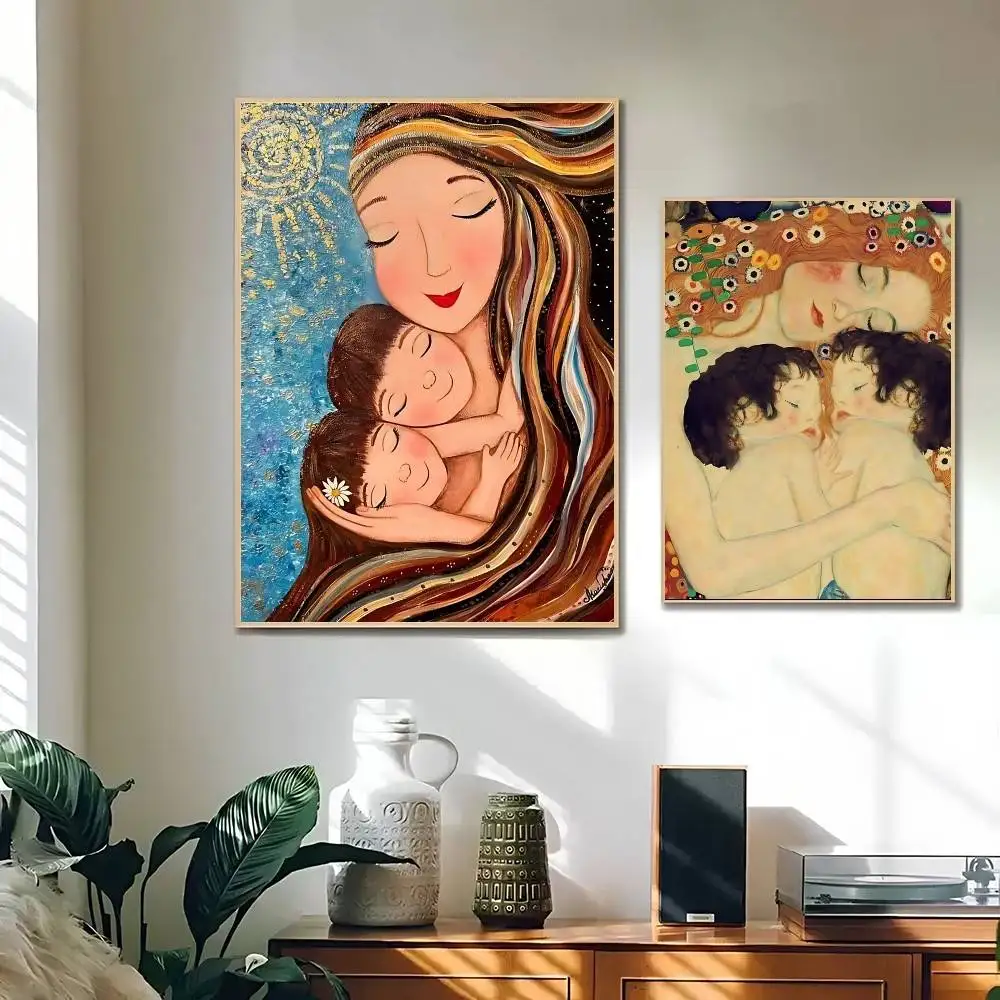 Póster de madre amor gemelos bebé de Gustav Klimt, papel Kraft para Club, Bar, carteles Vintage, pintura artística de pared, pegatinas de estudio para dormitorio