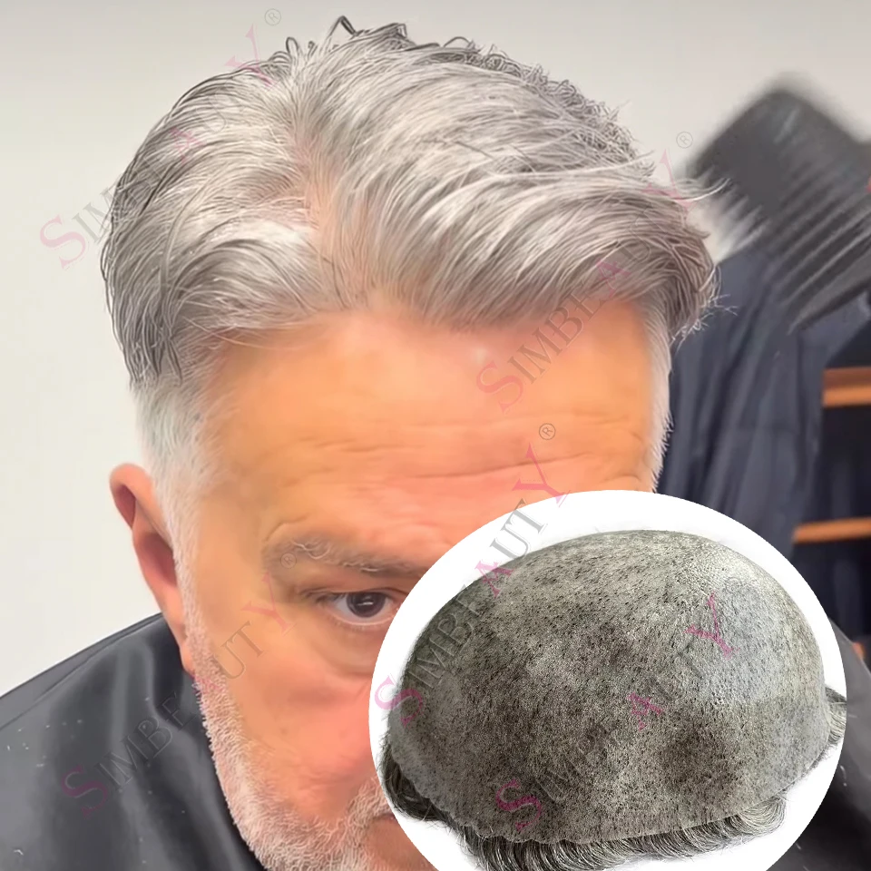 

Natural Hairline 1B80 1B65 Grey Old Male 100% Human Hair Wig Poly Thin Skin Men's Toupee #4 #2 Brown Hairpiec Replacement System
