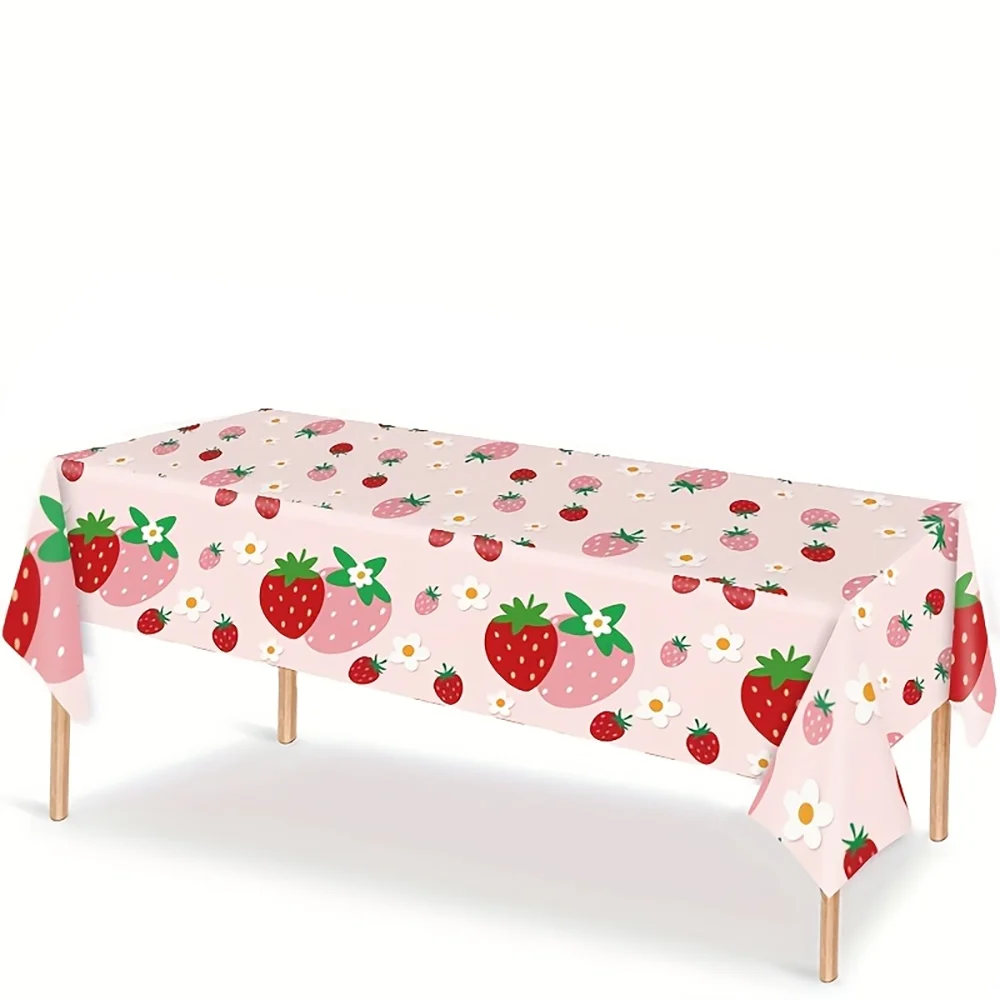 1pc Pink Strawberry Daisy Print Disposable Tablecloth,  Plastic Party Table Cover for Home Birthday Picnic Outdoor