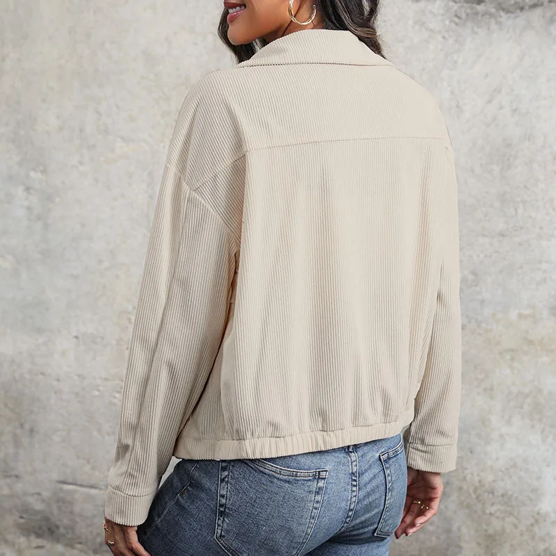 Corduroy Jacket Retro Cardigan Zipper Pocket Women's Coat in Autumn and Winter 2025