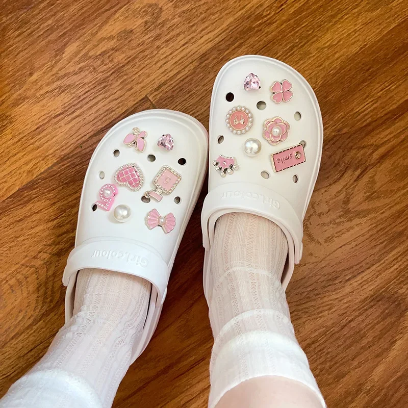 14Pcs New Creative DIY Shoe Flower Pink Shoe Charms Set Diamond Pearl Rhinestone Detachable Chain Buckle Girls Shoe Decoration