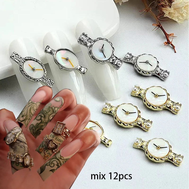 Mix 12 pcs Gold and Silver punk Wind Vintage clock Nail Trim Alloy Rhinestone Metal Style DIY Nail Styling