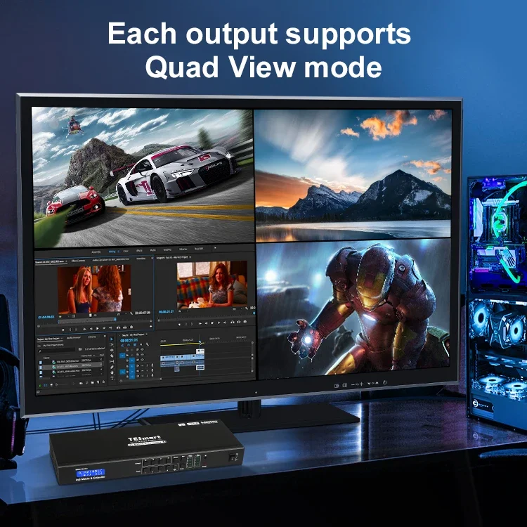 TESmart 4X8 エクステンダーマトリックス、エンジニアリングセキュリティメディア用クアッドビューモード搭載、4入力8出力スプリッターマトリックスビデオスイッチャー