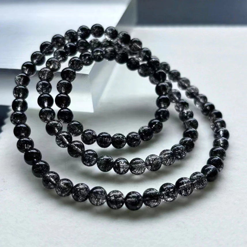 Natural Black Rutilated Quartz 3 Laps Clear Round Beads Bracelet 5.7mm Stretch Women Men Black Rutilated Rare AAAAAA Genuine