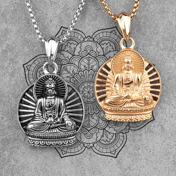 Buddhism Buddha Gold Silver Color Sainless Steel Men Necklace Pendant Chain for Boyfriend Male Jewelry Creativity Gift Wholesale