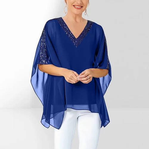 Blusa elegante de talla grande con lentejuelas y cuello en V para mujer, blusa con manga de murciélago dividida, Top informal Irregular de verano para mujer