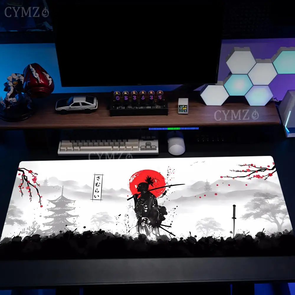Tapis de souris avec illustration de samouraï japonais, tapis de bureau antidérapant, bord cousu Durable, accessoires de bureau, tapis de souris de jeu