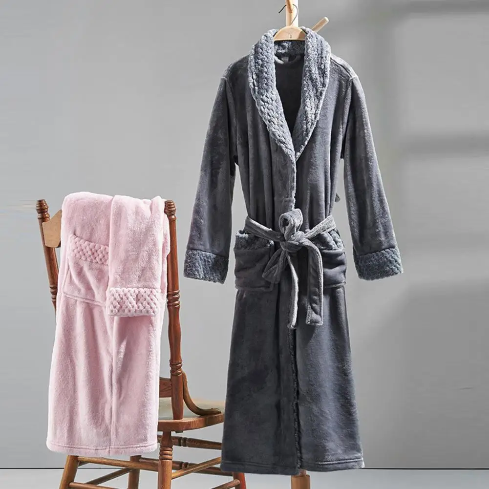 Couple Bathrobe Coral Fleece Open Stitch Solid Color Thicken Tight Waist Bathing Belt Unisex Pockets Winter Bathrobe for Bedroom