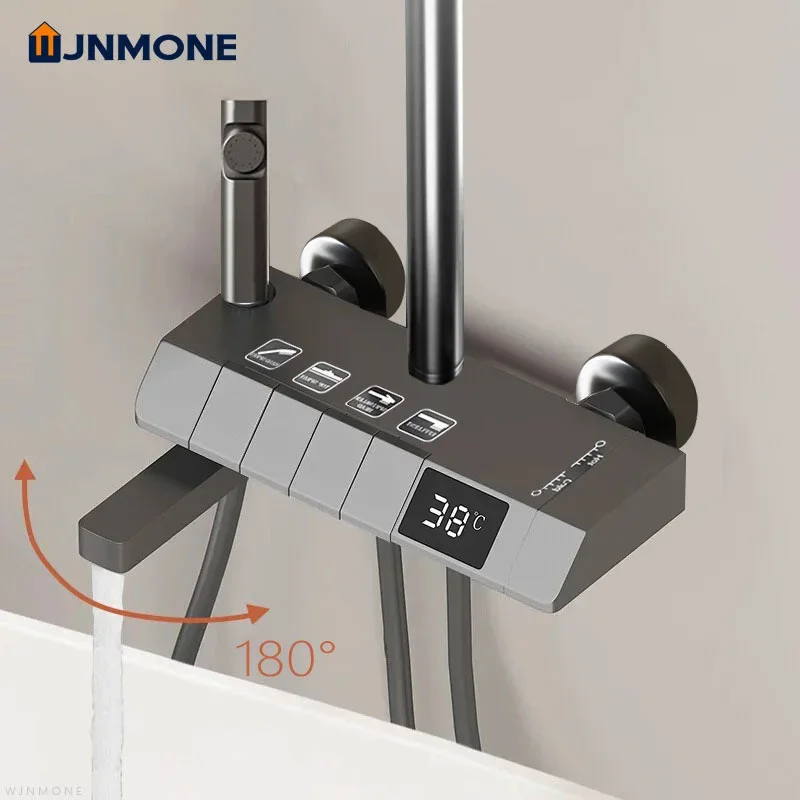 Conjunto torneira do chuveiro do bocal rotativo Bath Brass LED Display Shower System 4Way Chuva Quente e Fria Mixer Tap Shower Set Conjunto branco cinzento preto do chuveiro do termostato do banheiro