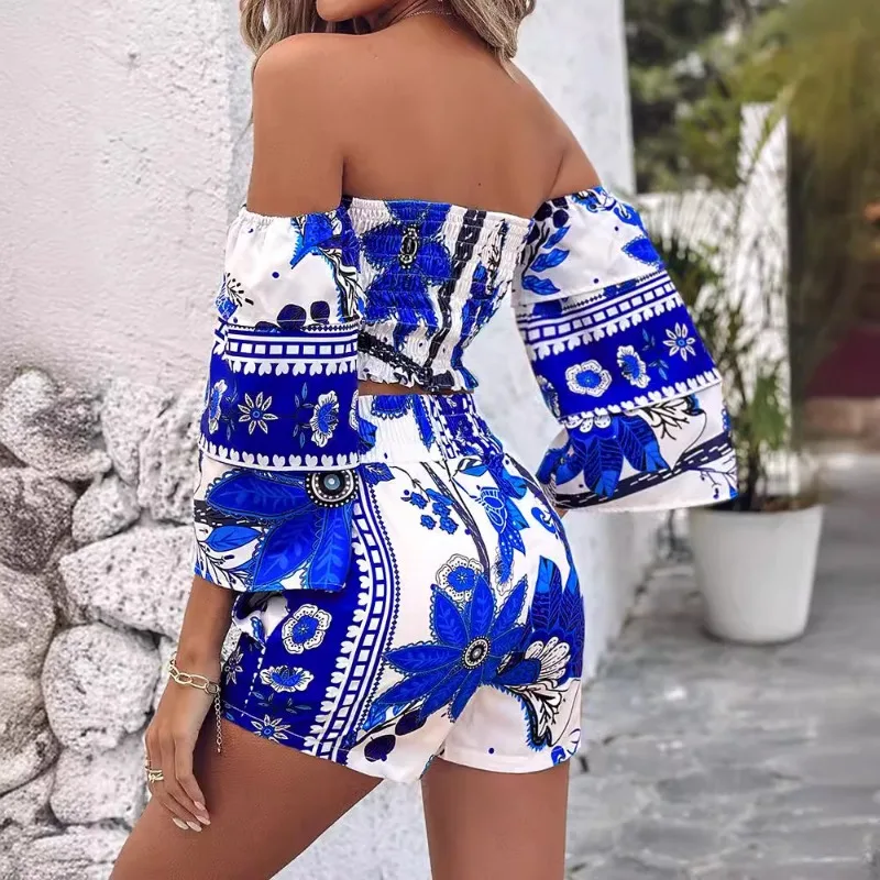 2024 Summer New Women's Clothing Vintage Floral Print Tube Top Short Type Casual Suit