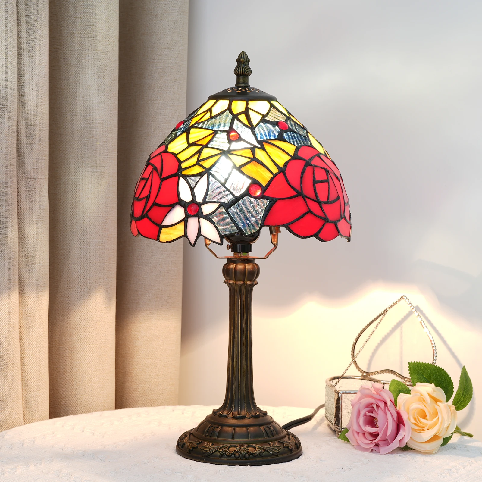 Mooie vintage stijl tafellamp meerkleurig vintage nachtkastje bureaulamp 8 inch breed leeslampje decor