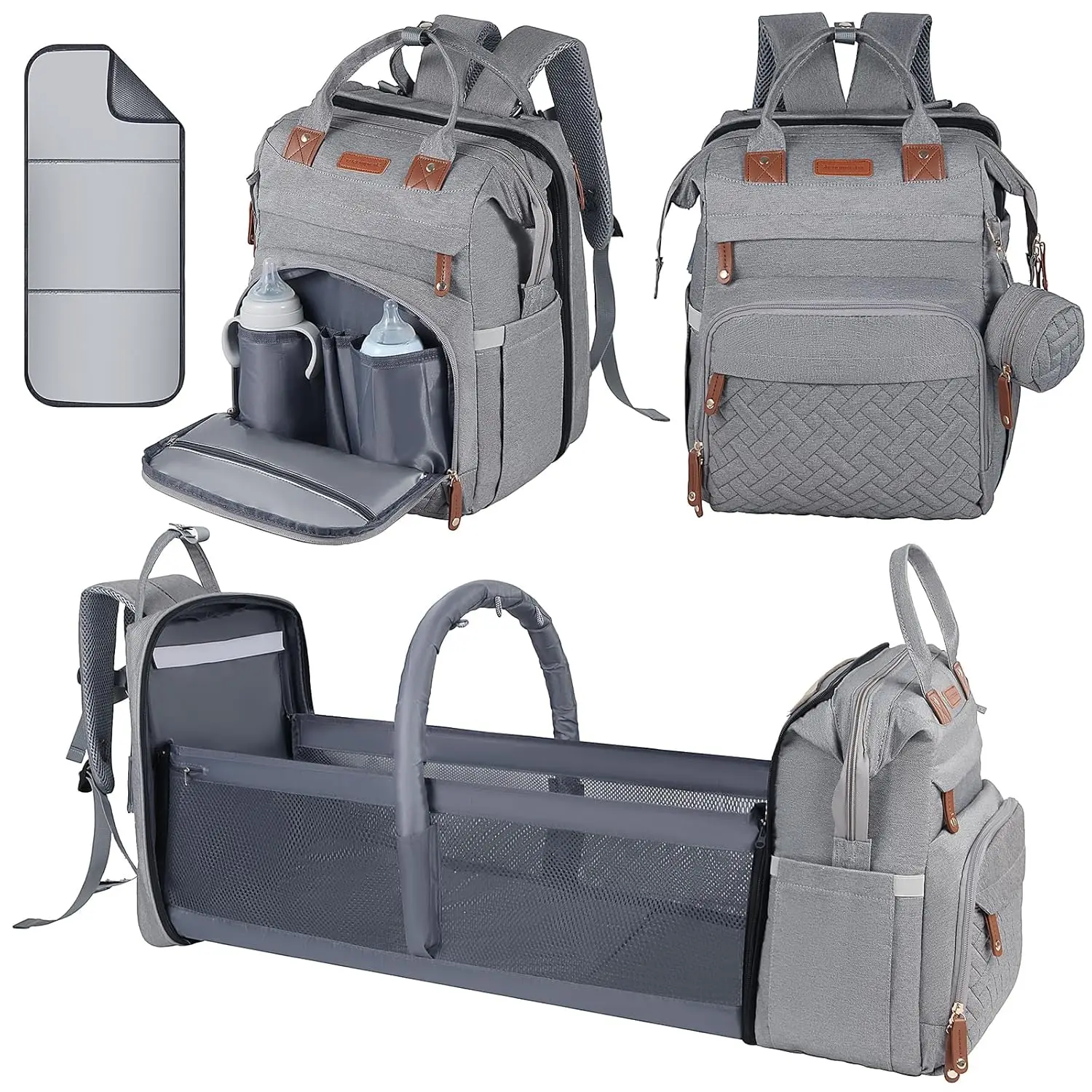 

Многофункциональный водонепроницаемый рюкзак для подгузников со станцией для пеленания, USB-портом и изолированным футляром - серый