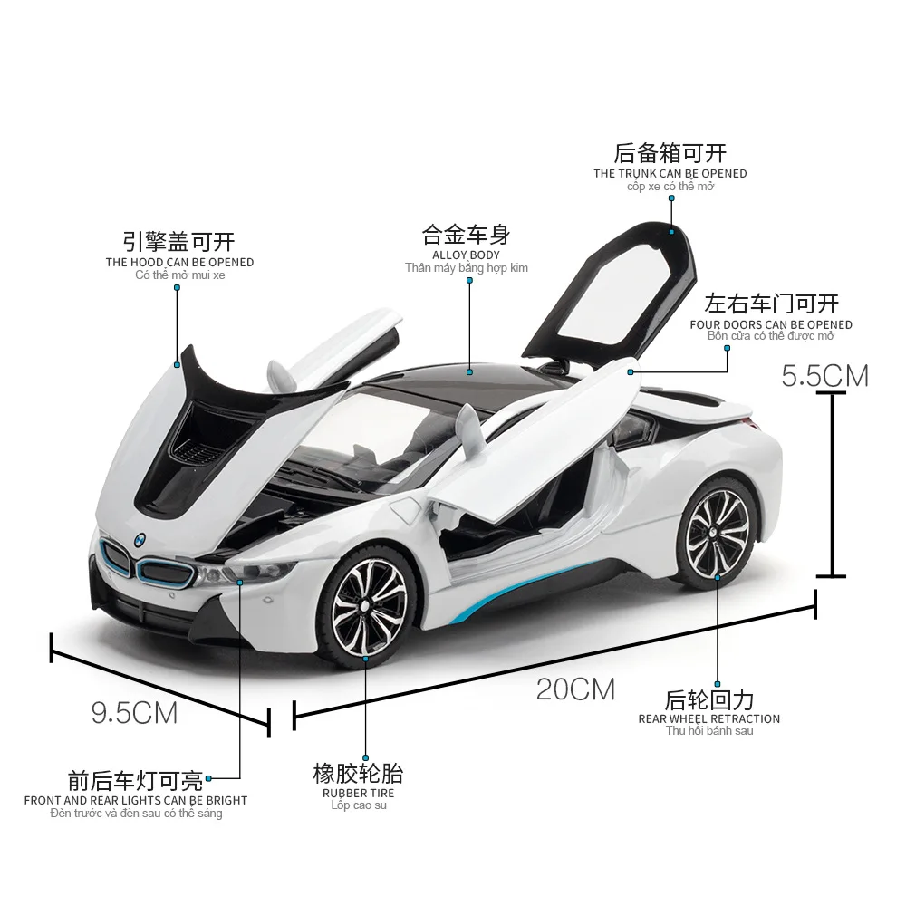 1:22 BMW I8 Hoge Simulatie Diecast Metaallegering Model auto Geluid Licht Trek Collectie Kinderen Speelgoed Geschenken