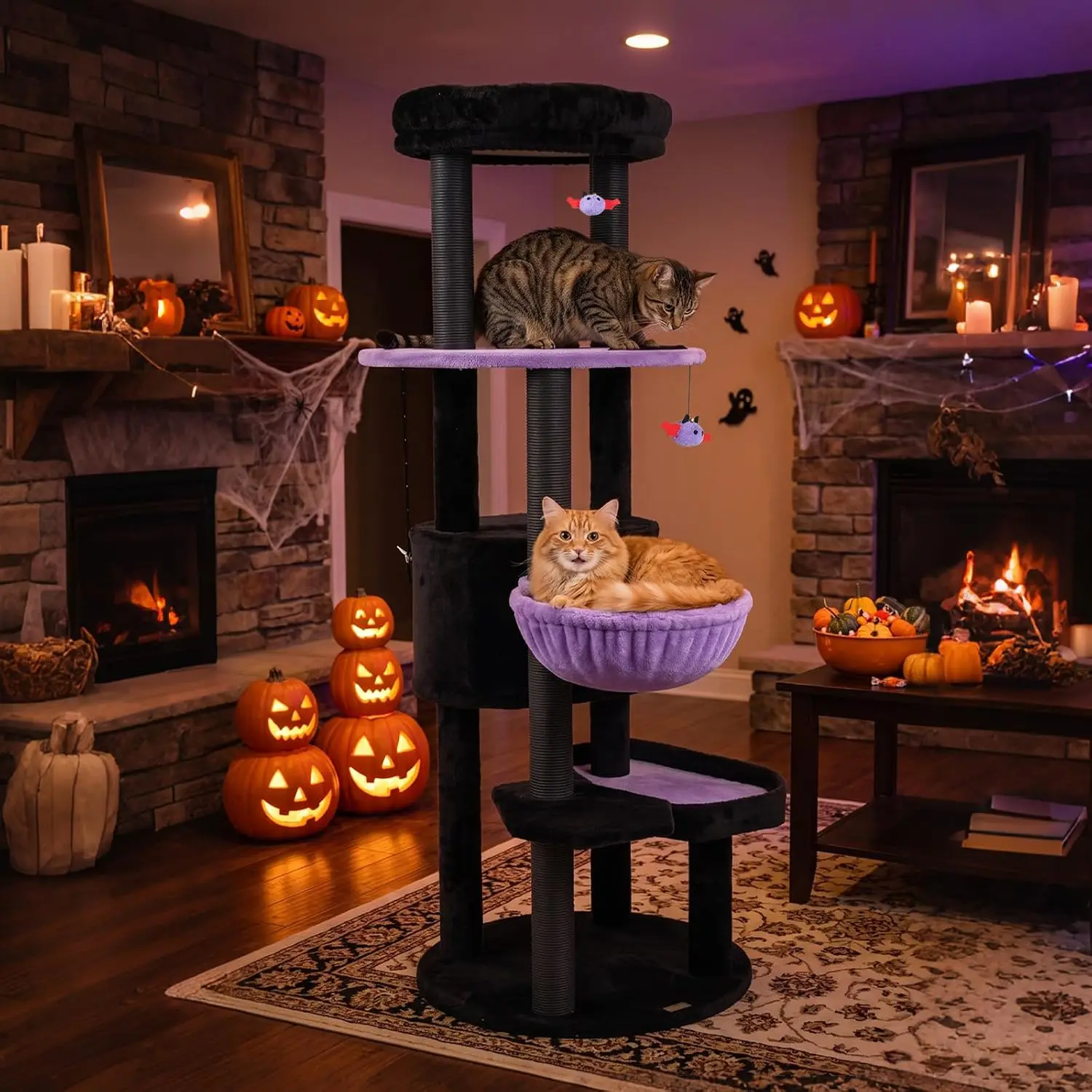 60-inch Gothic Cat Tree, Multi-Level Black Goth Cat Tower with Scratching Posts, Bat-Shaped Dangling Balls, Comfy Condo, Large