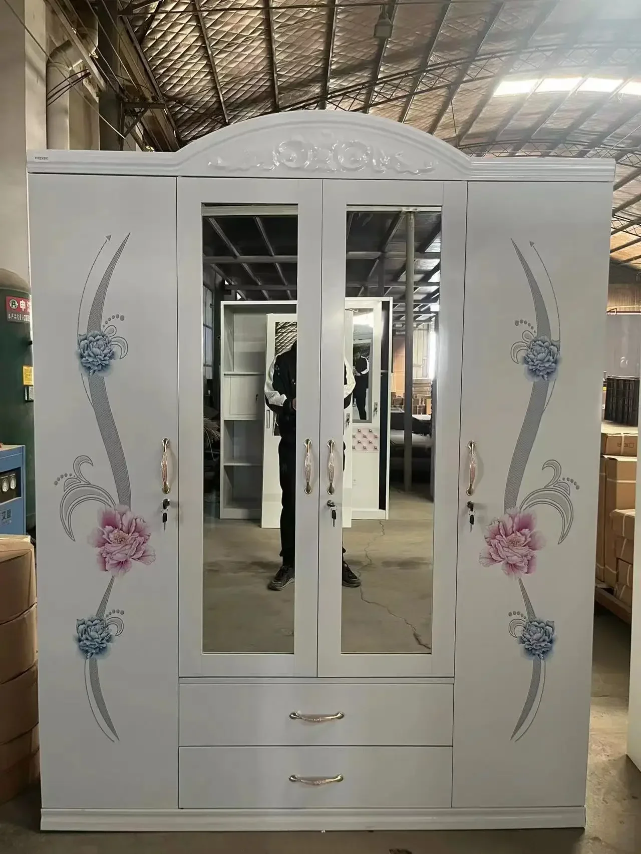 Cupboard Home Bedroom Furniture Steel Almirah Lemari Pakaian Besi Armario Metal Print Cabinet 4 Door Wardrobe With Mirror