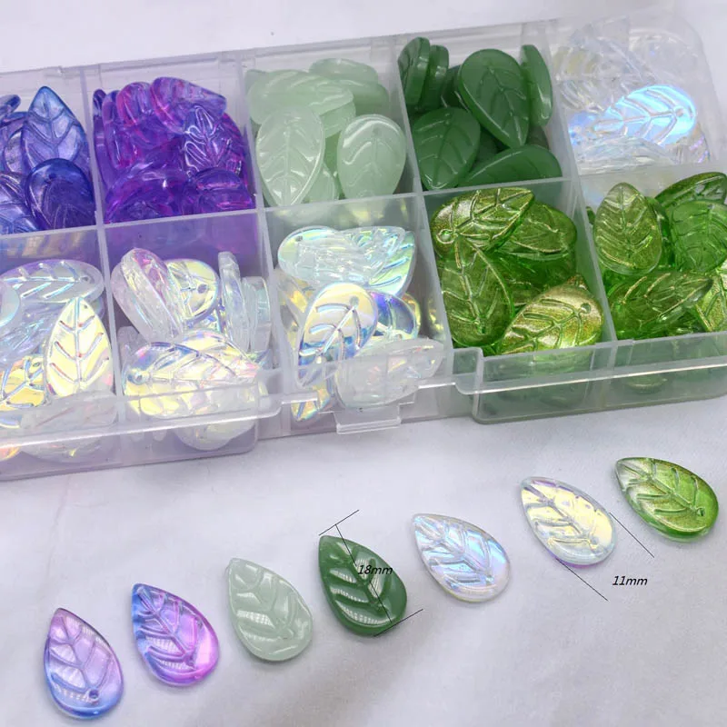 30/60Pcs A Bag 11X18mm Glass Beads Leafs Leaves Transparent Green Loose Spacer Beads Charms Pendants Czech Glass DIY Accessories