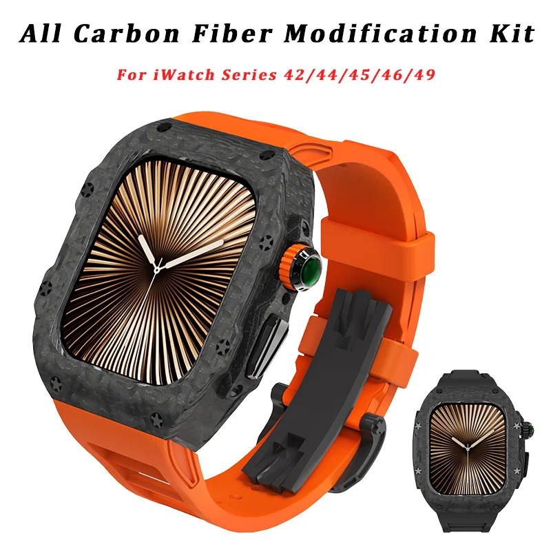 Carbon Fiber Watch Case Strap Mod Kit for AppleWatch Ultra 2 1 49mm 46 45 44 42mm Silicone Band for iWatch Series 10 9 8 7 6 5 4