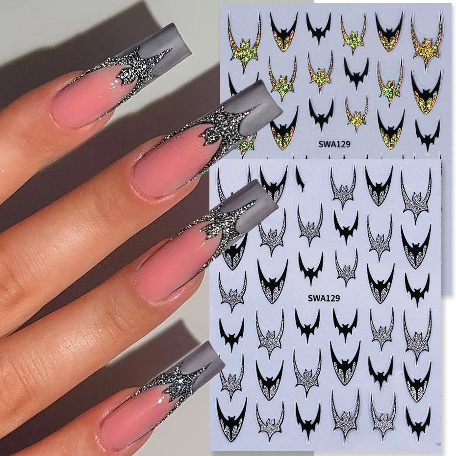 2 Stück Halloween Fledermaus Nägel Kunst Aufkleber Glitzer Holographisch Gold Silber Französisch Fledermaus Design selbstklebende Nagelaufkleber Y2K Maniküre Dekor
