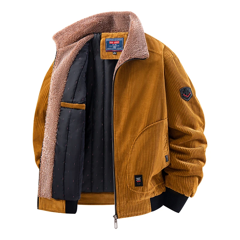 

2026 Spring, autumn and winter thickened corduroy warm cotton-padded jacket for men with lapel and fur collar casual coat