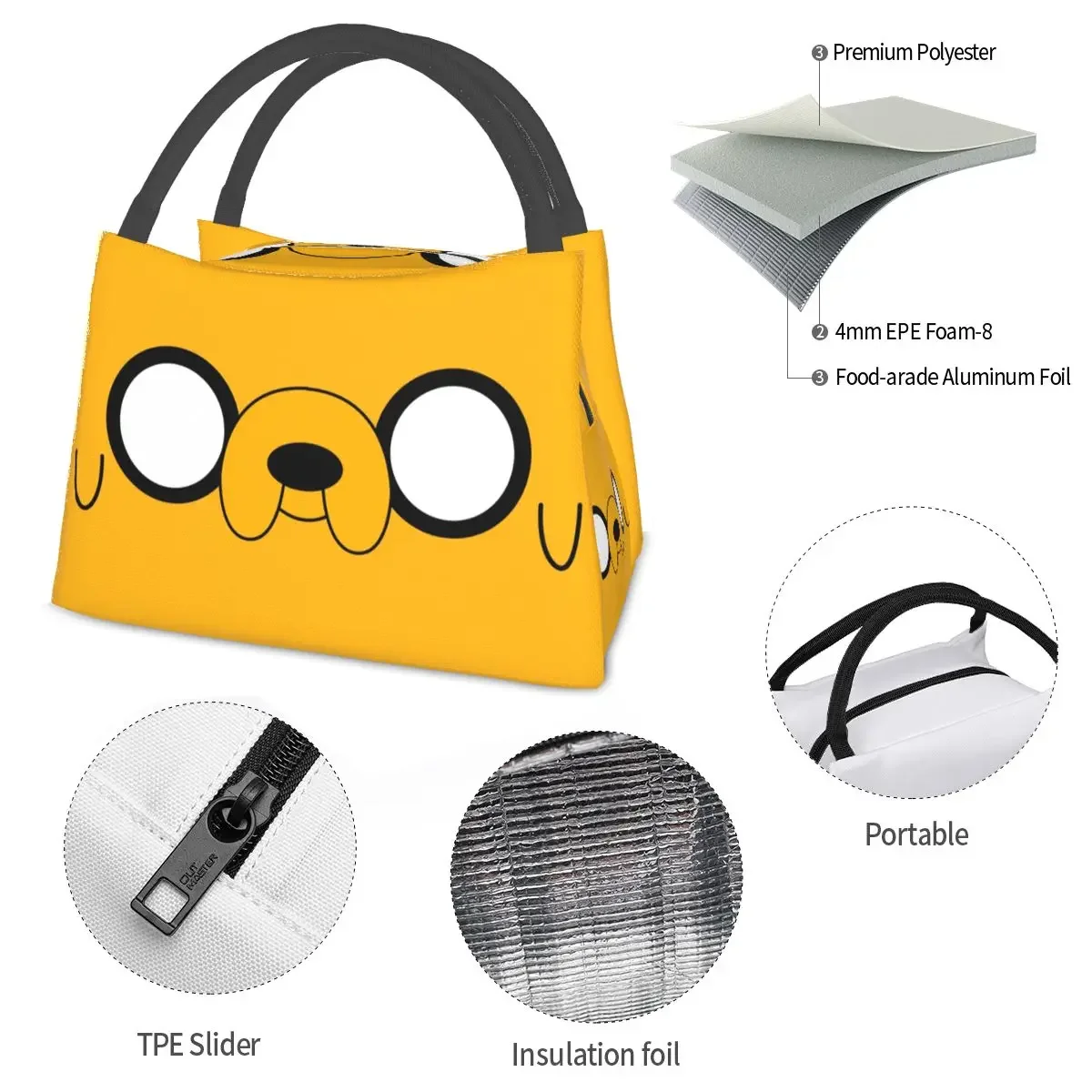 Adventure Time Jake's Eyes Lunch Bags Insulated Bento Box Portable Lunch Tote Picnic Bags Cooler Thermal Bag for Woman Travel