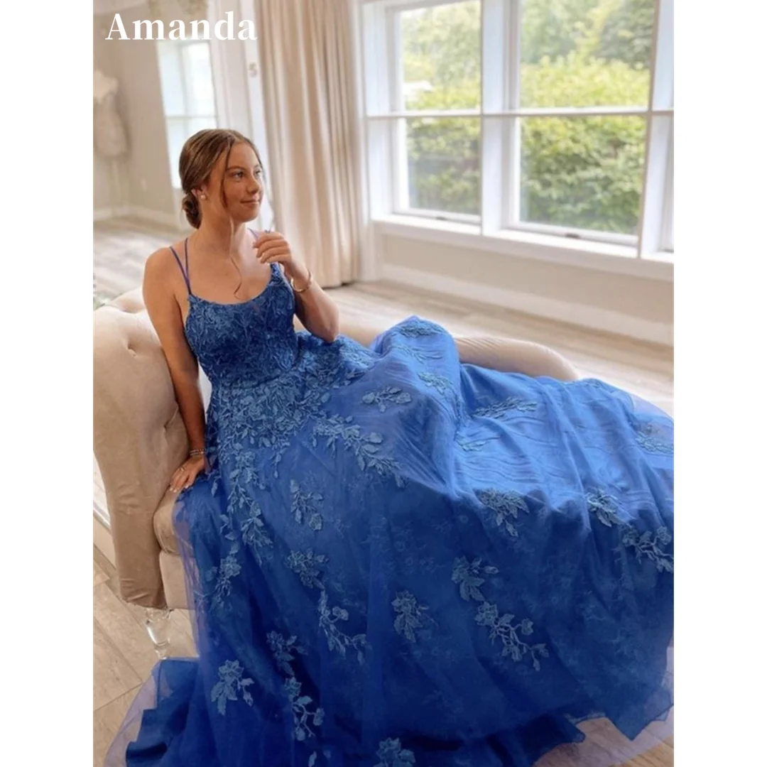 

Amanda Blue vestidos de noche A-line Sleeveless Tulle Prom Dresses Lace Appliques Spaghetti Strap Floor-Length Formal Evening